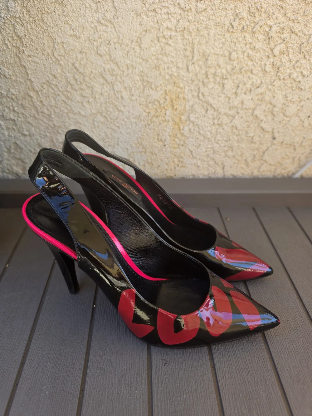 Authentic Louis Vuitton Black Graffiti Patent Leather Slingback Pumps Size 34.5